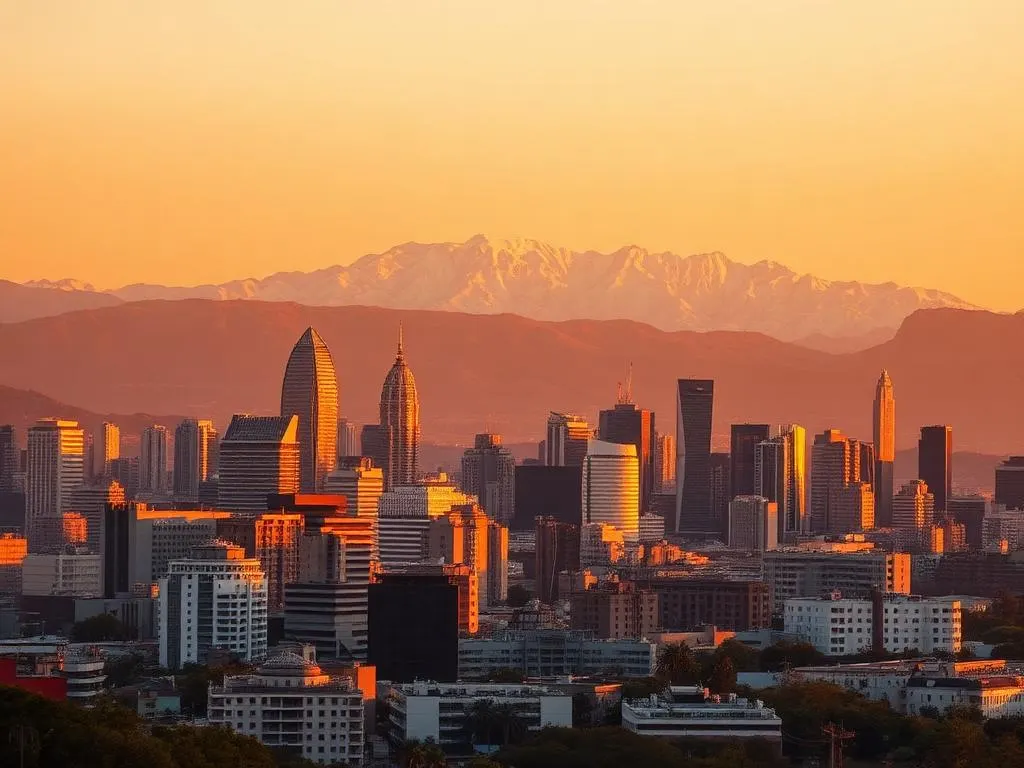 Santiago skyline with the Andes mountains at golden hour